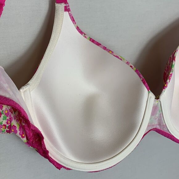 Adore Me White Pink Floral Lace Trim Contour Full Coverage Underwire Bra 40DD - Picture 7 of 9